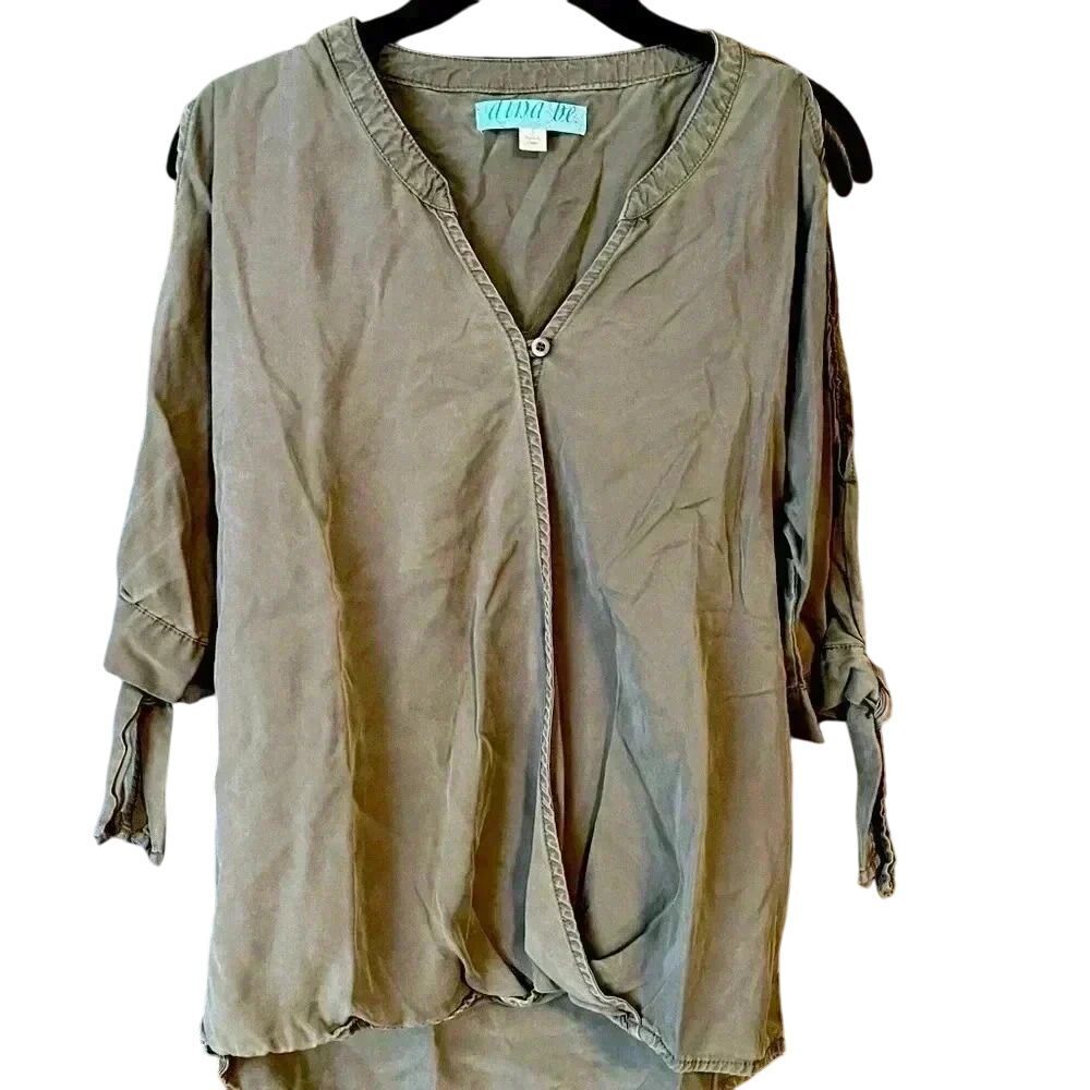 Alba De Olive Green V-Neck Wrap Blouse‎ with Roll-Tab Sleeves CasualTop A2